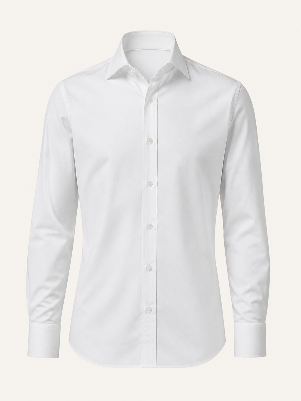 Camisa social branca sob medida, vista frontal, sobre fundo ivory