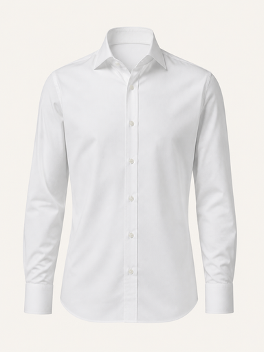 Camisa social branca sob medida, vista frontal, sobre fundo ivory