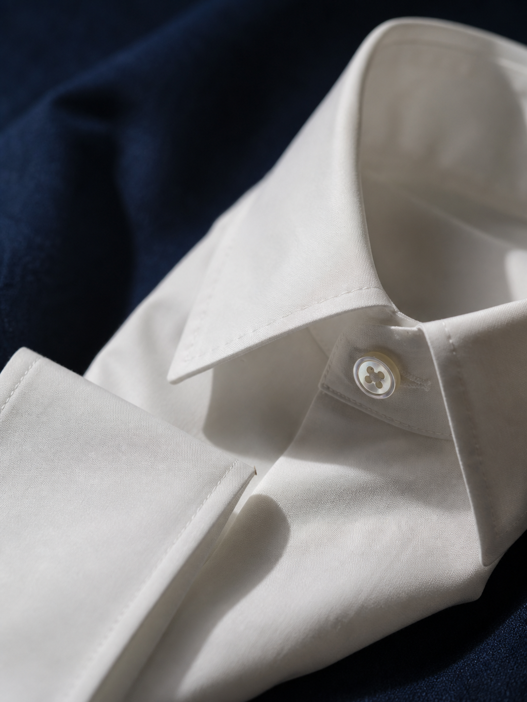 Detalhe do colarinho e do punho da camisa branca sobre tecido navy