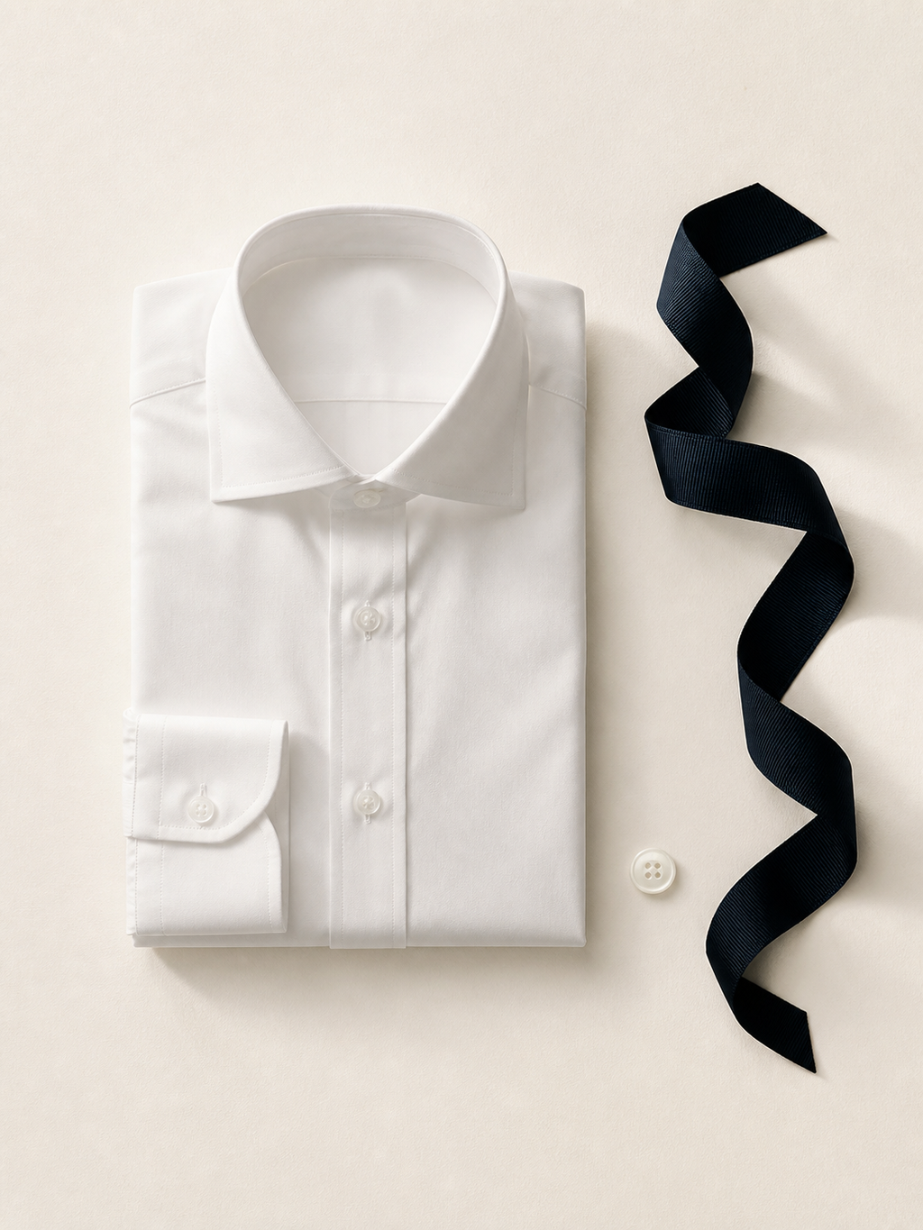Camisa branca dobrada sobre papel ivory, ao lado de fita navy e botão de madrepérola