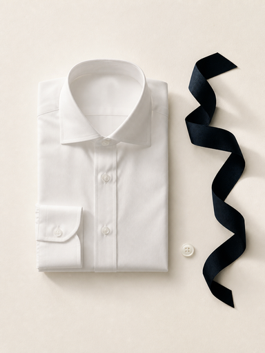 Camisa branca dobrada sobre papel ivory, ao lado de fita navy e botão de madrepérola